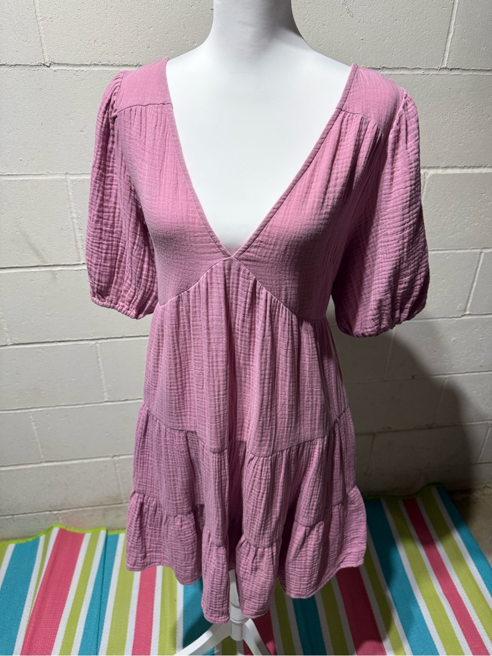 lovestitch Pink Gauze V-Neck Tiered Tunic Dress
